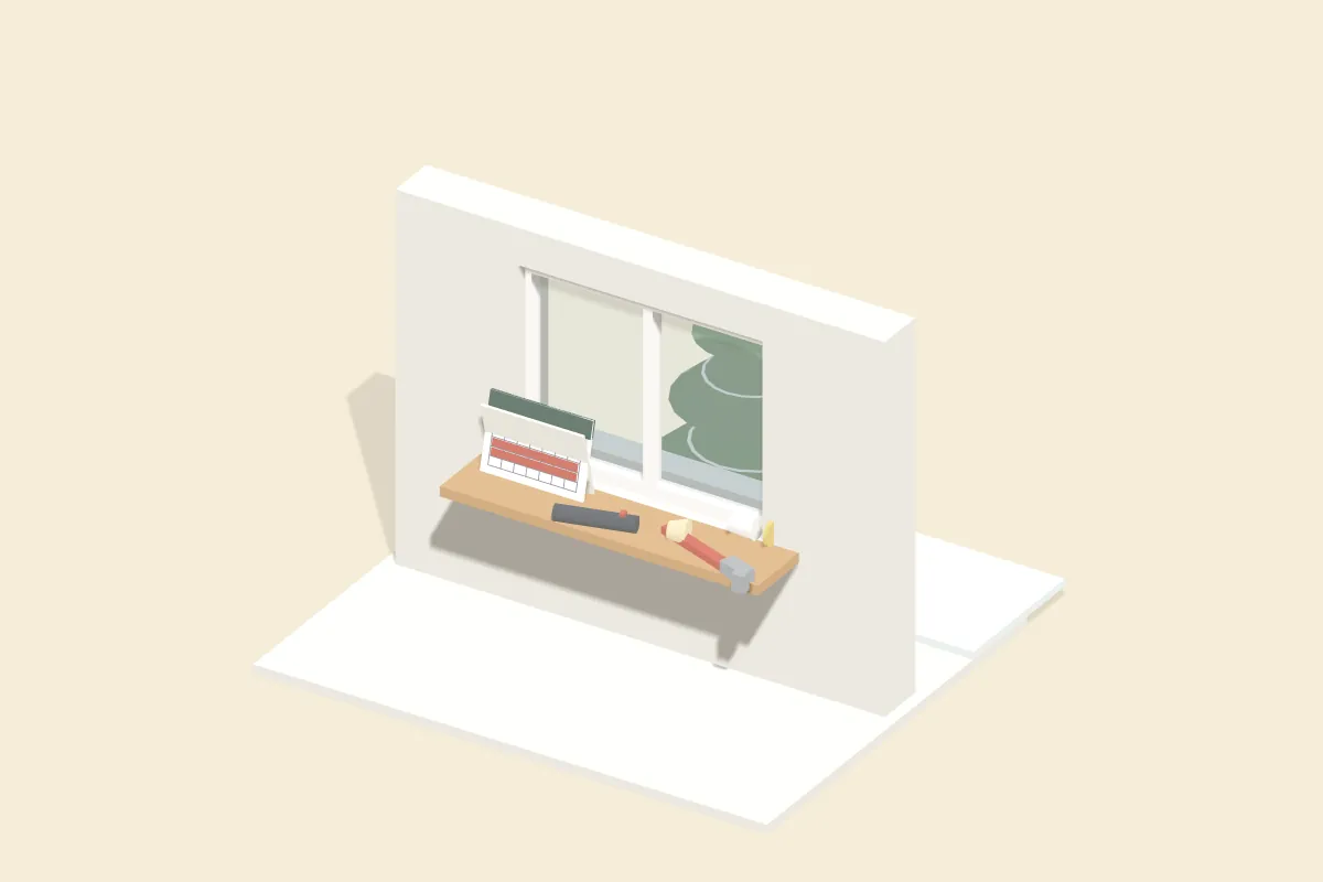 Fensterbank mit Tischkalender, Taschenlampe, Rohrzange und Thermostatkopf, draußen eine verschneite Tanne