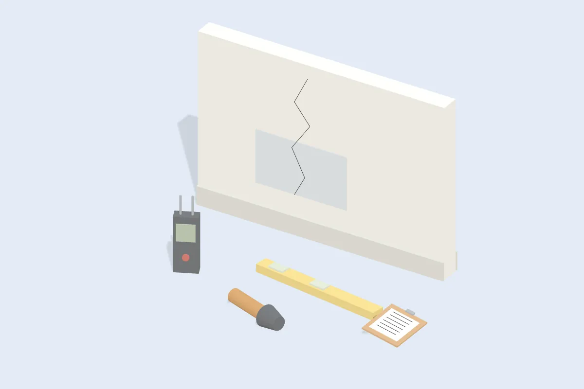 Hauswand mit Riss, davor Feuchtemessgerät, Taschenlampe, Wasserwaage und Klemmbrett