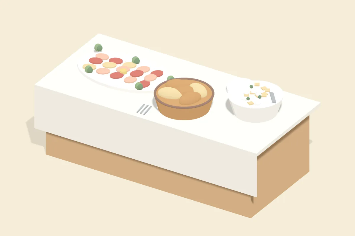 Gedeckter Buffettisch mit Aufschnittplatte, Brotkorb, Schüssel Kartoffelsalat und Tellerstapel
