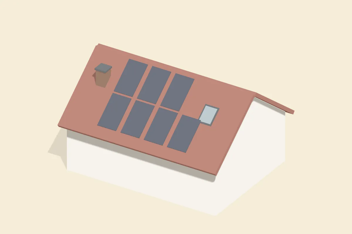 Satteldachhaus, dessen vordere Dachfläche mit Solarmodulen belegt ist, Schornstein und Dachfenster bleiben frei