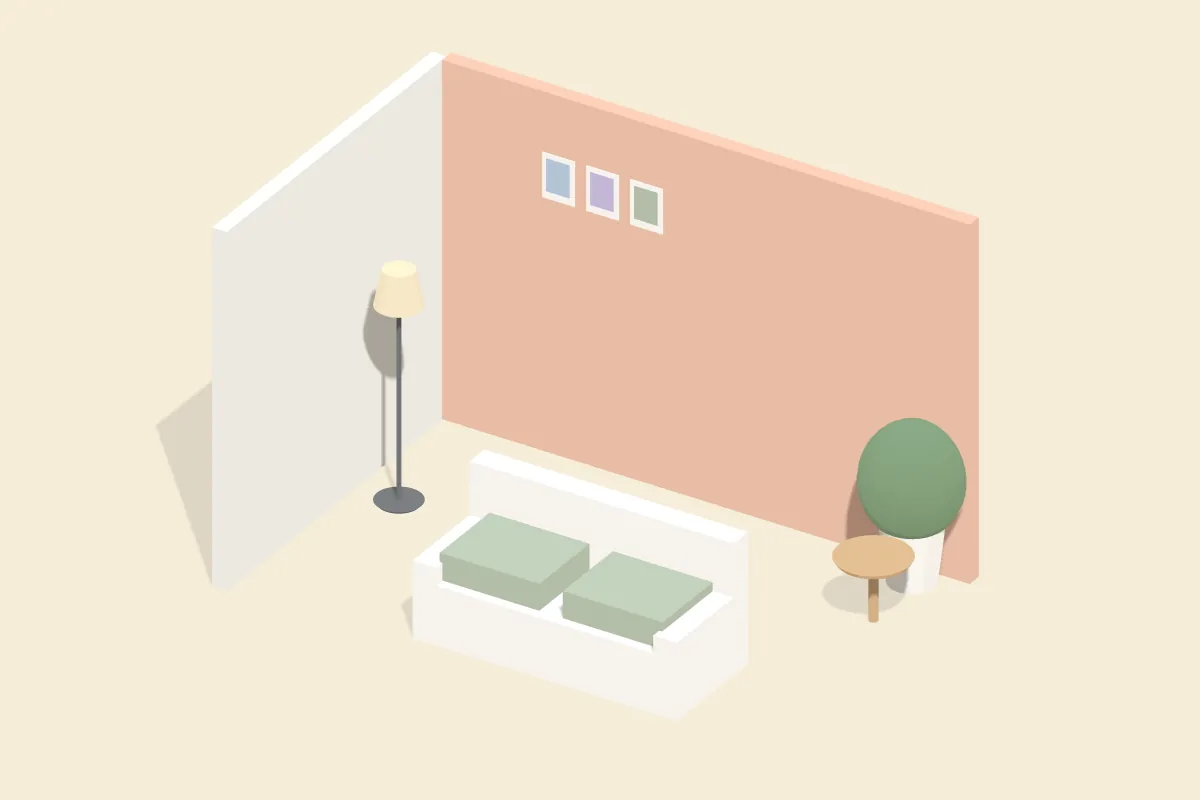 Wohnzimmer mit pfirsichfarbener Akzentwand und drei Farbmustern, davor Sofa, Beistelltisch, Stehlampe und Pflanze