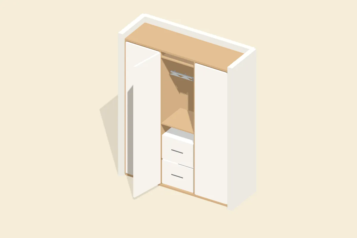 Einbauschrank bis zur Decke in einer Wandnische, eine Tür offen mit Kleiderstange, Fachböden und zwei Schubkästen