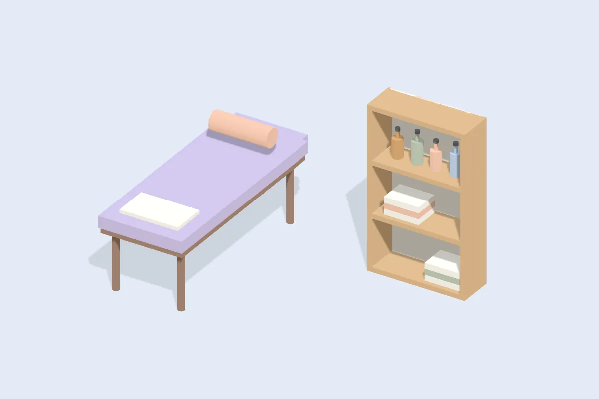 Massageliege mit Nackenrolle und Regal mit Ölflaschen und Handtüchern