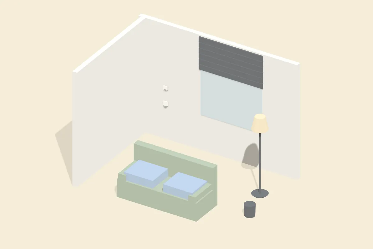 Wohnraumecke mit halb geschlossenem Rollladen, Schalter und Thermostat an der Wand, Stehleuchte, Lautsprecher und Sofa