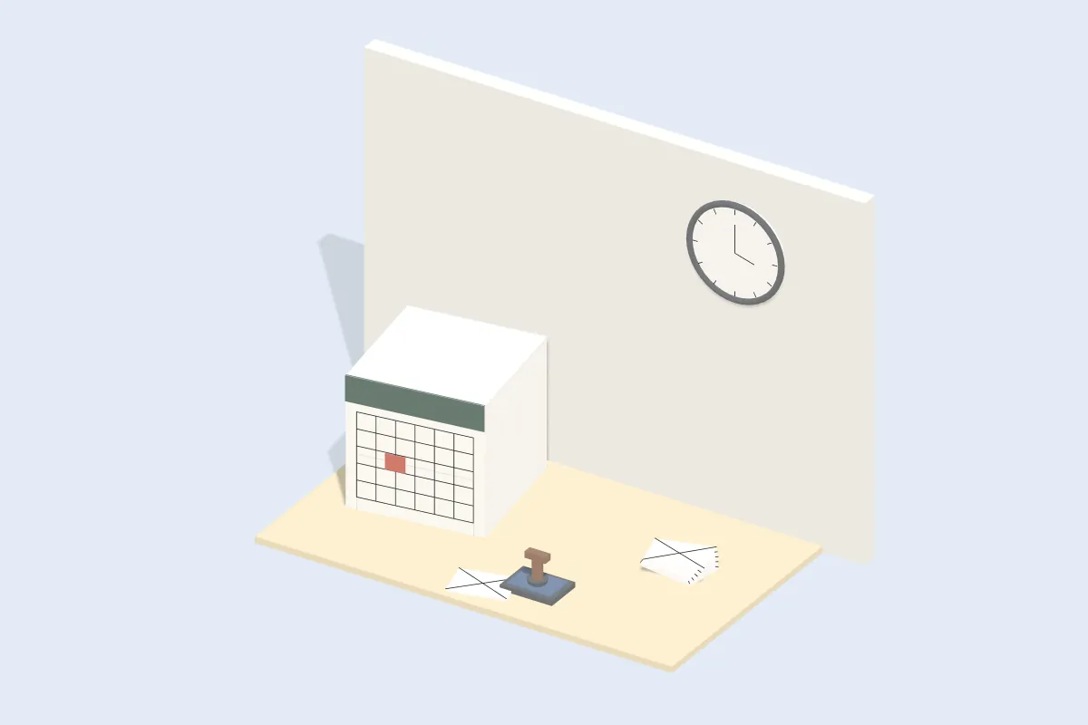 Kalenderwürfel, Stempel mit Kissen, Briefumschläge und Wanduhr