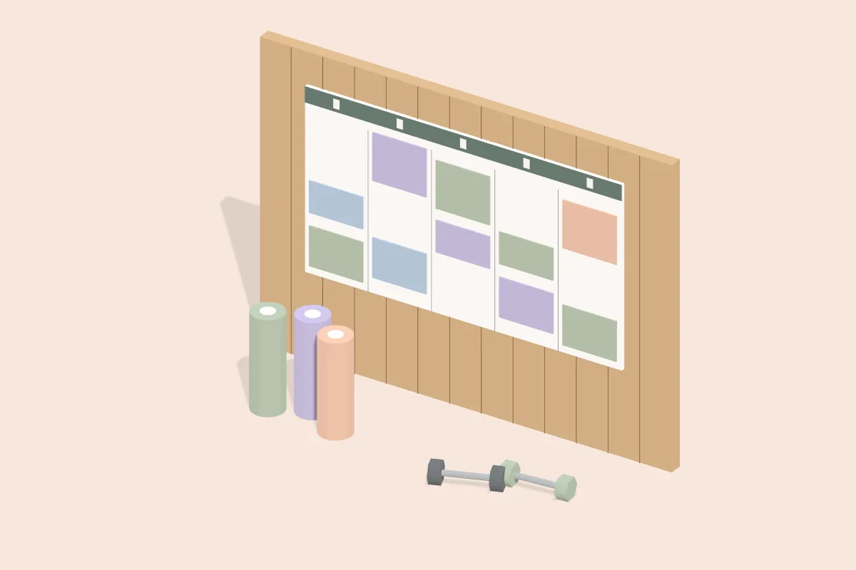 Wochentafel mit farbigen Kursblöcken an einer Holzwand, davor Yogamatten und Hanteln
