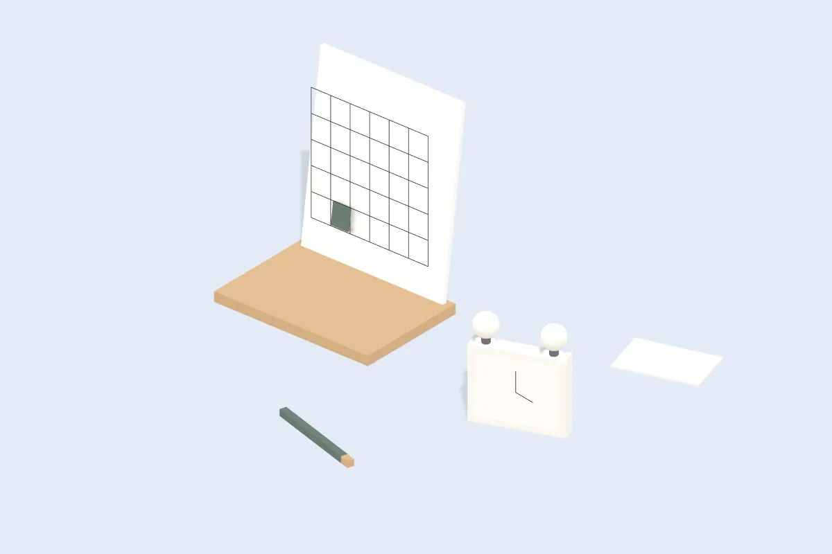Aufgestellter Tischkalender mit markiertem Tag, daneben Wecker, Stift und Terminkärtchen