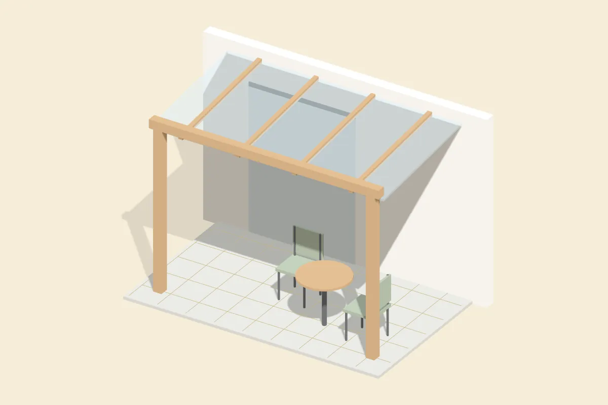 Terrassenüberdachung mit Glasdach an einer Hauswand, darunter Terrassenplatten mit Tisch und Stühlen