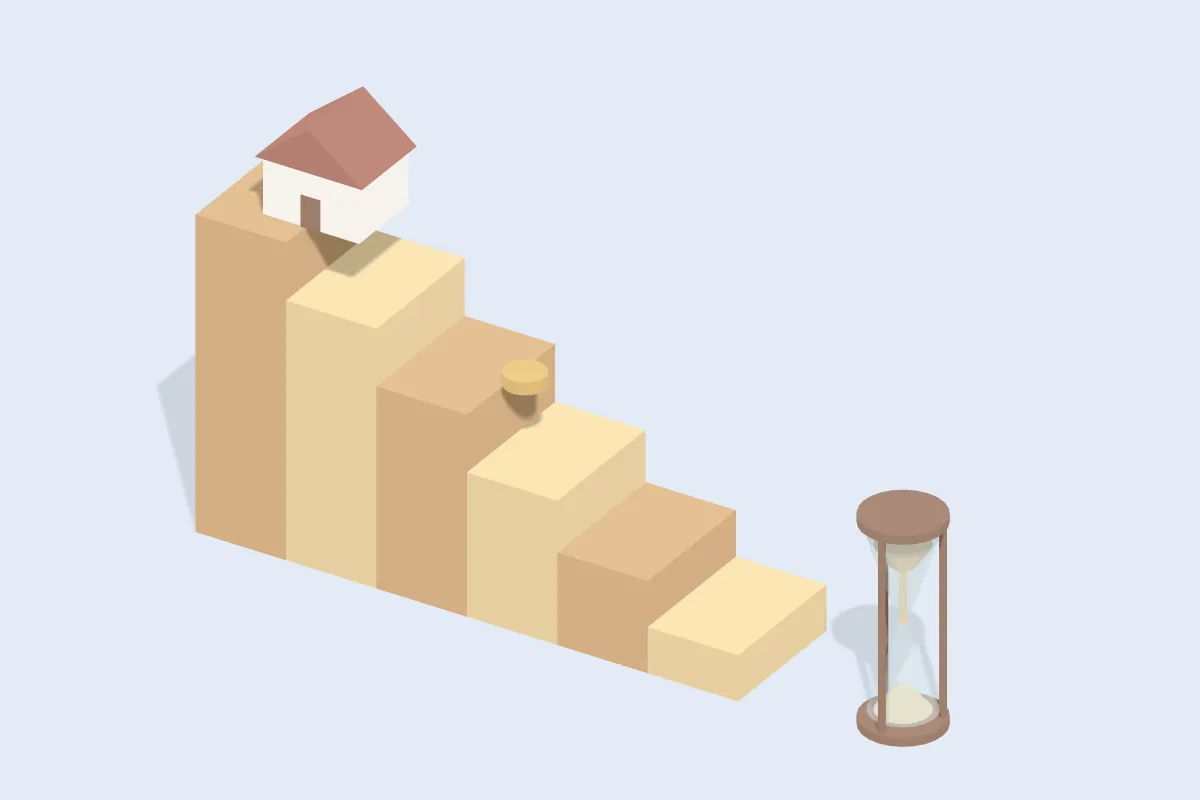 Treppe aus Holzklötzen, die nach rechts niedriger wird, oben ein kleines Haus, daneben eine Sanduhr