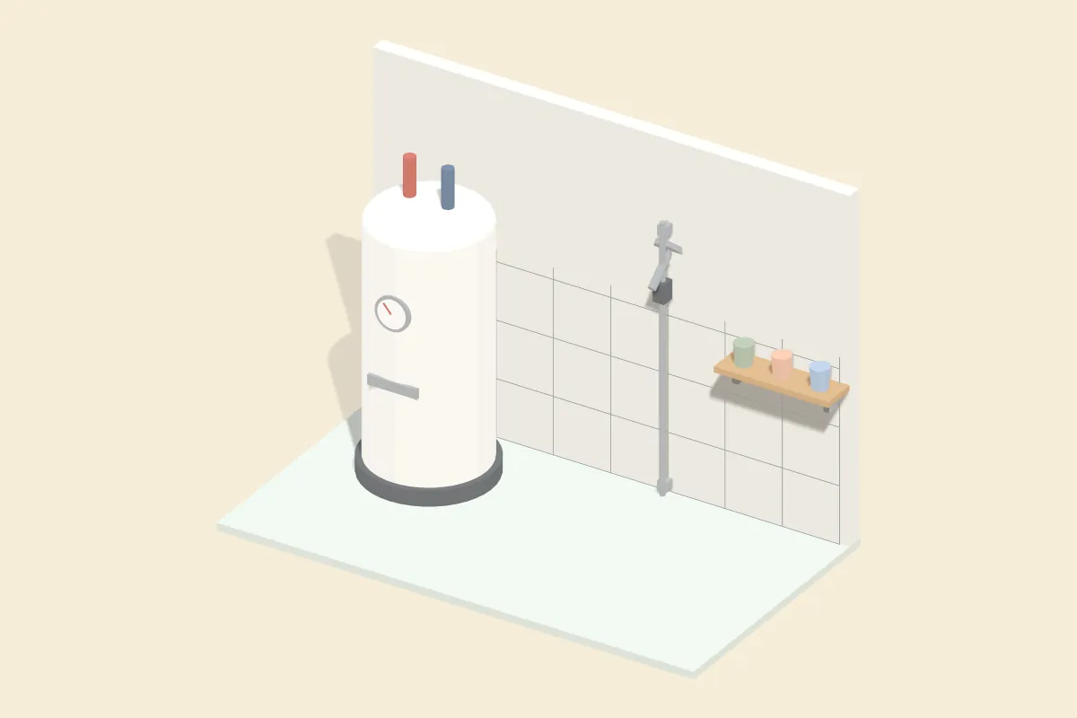 Stehender weißer Warmwasserspeicher mit Thermometer, daneben eine Brausestange mit Duschkopf und ein Regal mit drei Zahnbechern