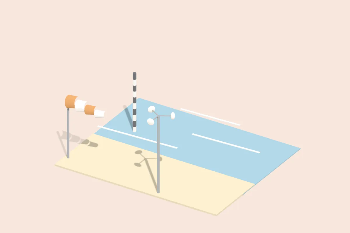 Strand mit Pegellatte im Wasser, Windmesser und Windsack am Ufer